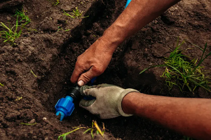 Photo of a man working on drip irrigation fittings